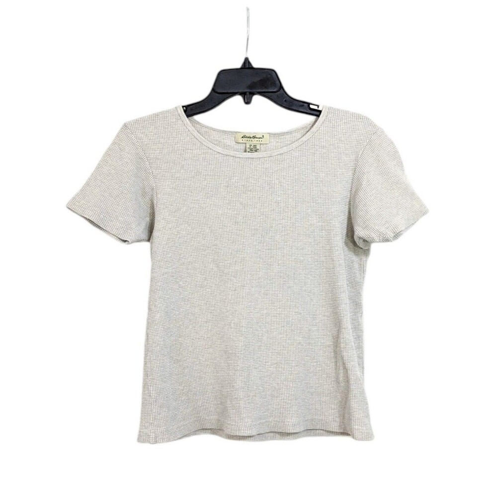 Eddie Bauer Waffle Knit Cropped Tee - Size XS Womens - Oatmeal Taupe Tan Grey